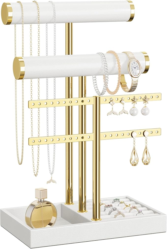 3 Tier Bracelet Holder Display - White Leather Bracelet Holder, Detachable T Bar Jewelry Holder Organizer for Bracelet, Necklace, Earrings, Rings, Watches, Bangle