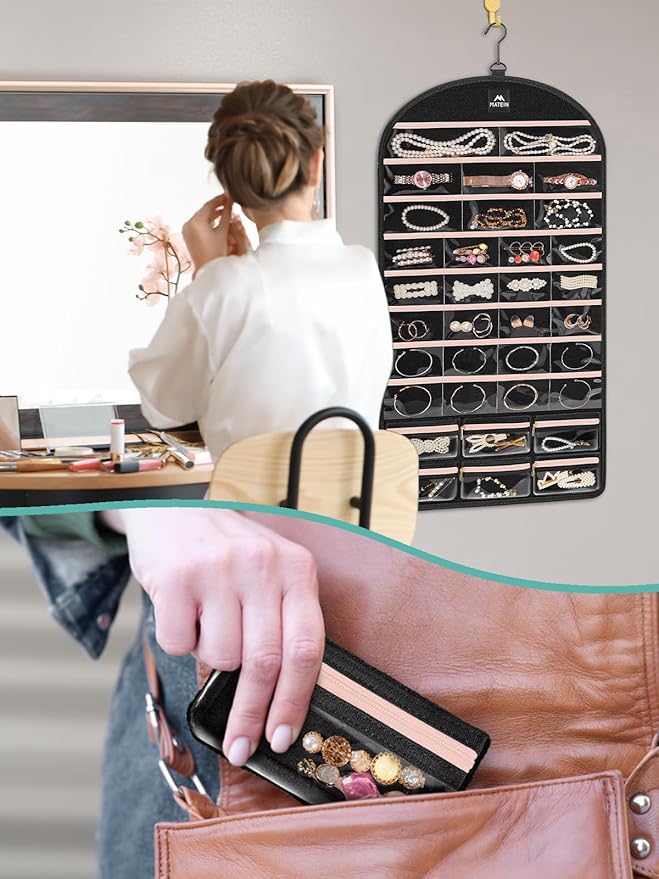 MATEIN Hanging Jewelry Organizer with Removable Travel Jewelry Pouch, Tangle Free Necklace Hanger Wall Mount with Metal Hook, Large Earring Storage Holder for Bracelet Ring Display, Gifts for Her