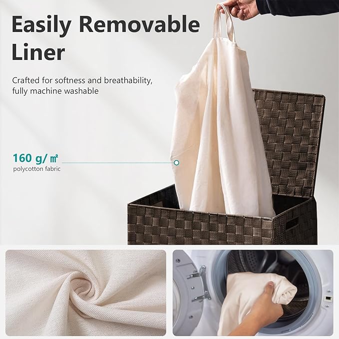 Foldable Laundry Hamper Basket with Lid by Fiona's magic, Handwoven 96L Large Clothes Hamper with Removable Liner Bags, Collapsible Tall Hamper for Bedroom, Bathroom and Dorm Organizer, 2Pack, Brown