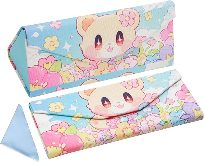 Foldable Glasses Case, Magnetic PU Leahter Sunglasses Case, Cute Hard Shell Folding Eyeglass Cases for Women Kids