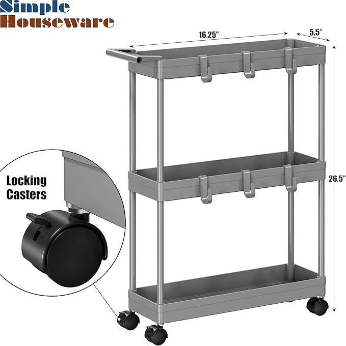 Simple Houseware 3-Tier Slim/Narrow Storage Cart with Handle, 5.5'' Wide x 26.5'' Height Rolling Organizer for Kitchen, Bathroom, Laundry Room - Grey