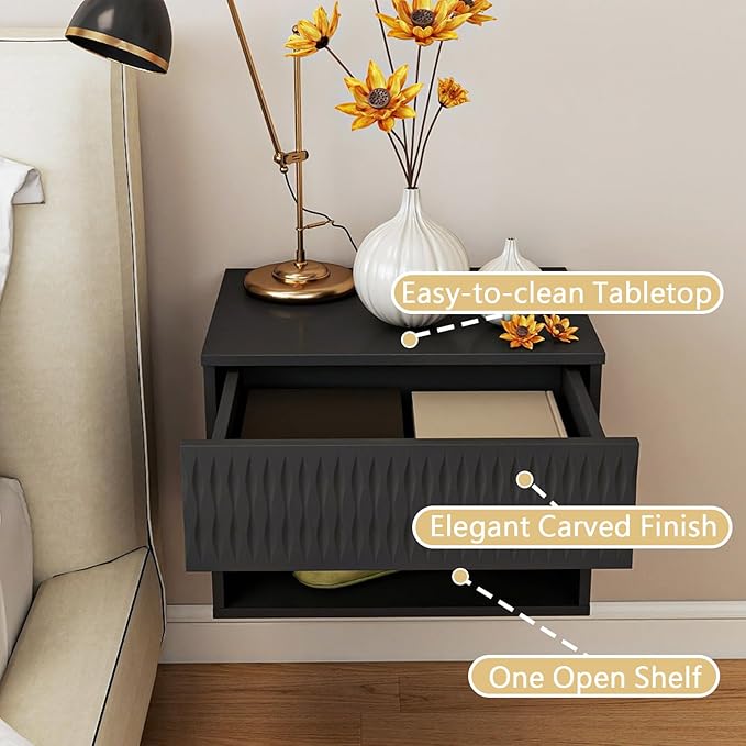Floating Nightstand Set of 2,Modern Bedside Tables for Bedroom,Small Night Stands with Drawer and Open Shelf, Wall Mounted End SideTables Set for Living Room