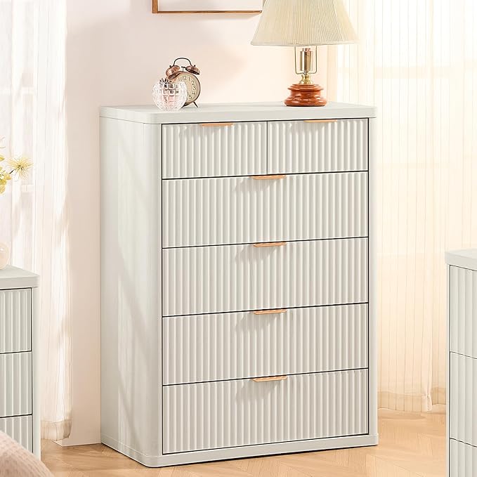 LEYAOYAO Fluted 6 Drawers Dresser for Bedroom, 42" Tall Modern Chest of Drawers with Metal Handle, Curved Profile Design,White Wood Drawer Organizer for Bedroom, Living Room, Hallway, Entryway