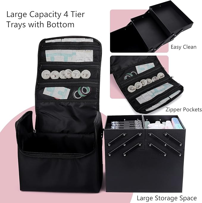 Large Makeup Carrying Train Case for Women, Black Travel Bag Storage Box,4 Tier Professional Nail Organizer Case with Adjustable Dividers for Nail Tools Jewelry MakeUp Brushes