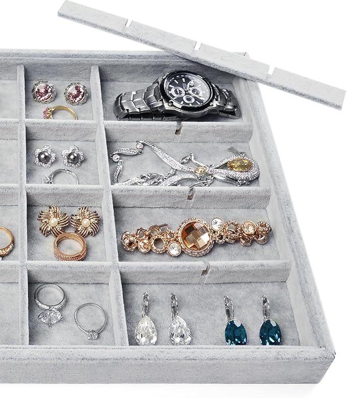 Oirlv 24 Grid Ice Velvet Jewelry Drawer Organizer Tray Stackable Jewelry Trays Removable Dividers for Rings Earring Storage Display