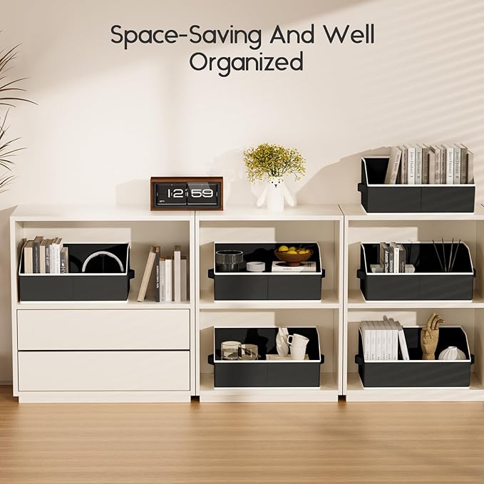 Large Closet Organizers and Storage Bins - 6 Pack Trapezoid Storage Baskets for Shelves, Foldable Fabric Baskets with Handles Ideal for Closet, Basket, Wardrobe and Shelf Storage, Black