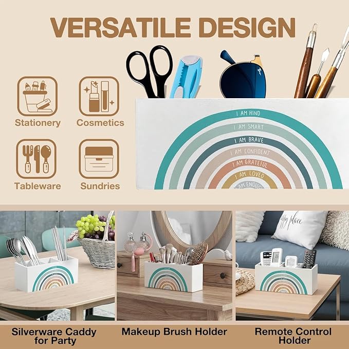 Boho Colorful Rainbow Pen Pencil Holder Organizer for Desk Accessories, Boho Classroom Decor, I Am Kind Inspirational Wooden Box Signs Decorations for Kids Room Home Desk Tabletop