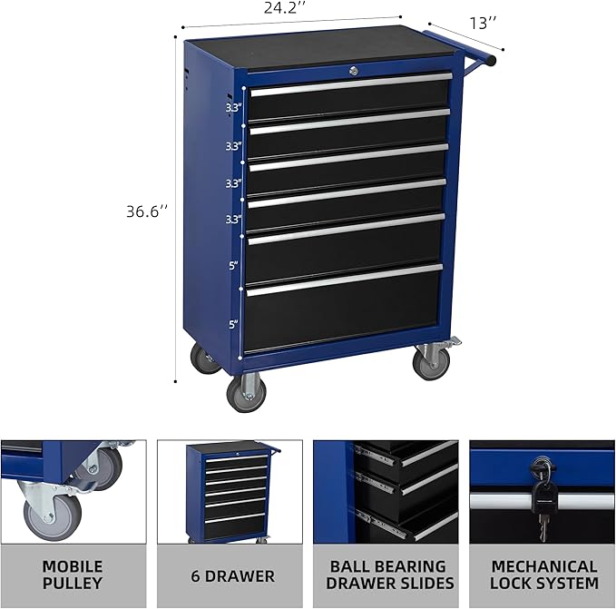 6-Drawer Rolling Tool Chest Cabinet, Large Capacity Metal Tool Box with Wheels and Locking, Roll Around Storage Organizer Tool Cart for Garage, Warehouse, Work Shop - Blue