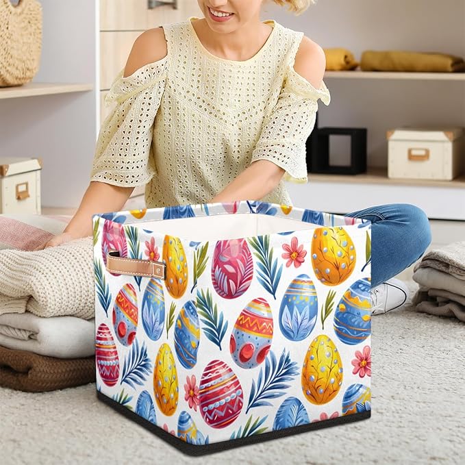 TropicalLife 13x13x13 Inch Large Fabric Storage Cube Easter Eggs Foldable Storage Bin with Handles Organizer Boxes Cube Basket for Shelves Organizing Closet