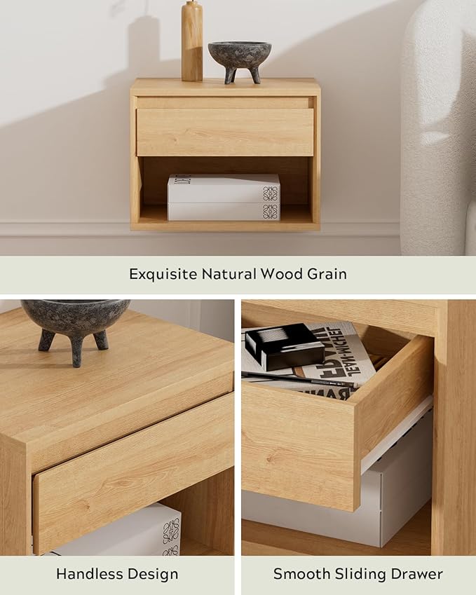 Floating Nightstand, Wall Mounted Bedside Table with Storage Drawer and Open Shelf, Modern Night Stand with Handless Design for Living Room, Bedroom, Dorm, Natural Oak