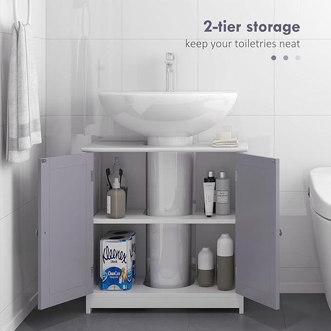 kleankin 23.5" Pedestal Sink Storage Cabinet, Freestanding Bathroom Under Sink Cabinet with U-Shape Cut-Out and Adjustable Shelf, White and Gray