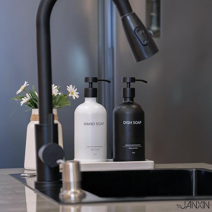 Glass Kitchen Soap Dispenser Set with Ceramic Tray,16.9 floz Hand and Dish Soap Dispenser for Kitchen and Bathroom Decor (White Bottles+Black Bottles)