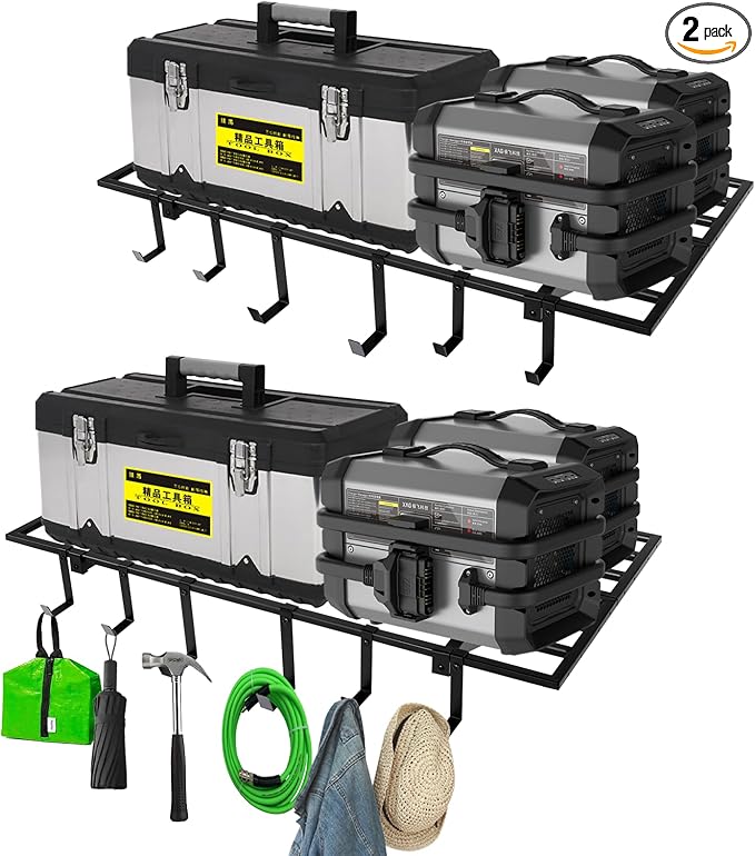 Garage Wall Shelving, 2X4ft Garage Storage Rack,Heavy Duty Wall Mounted Storage Shelf With 12 pc Hooks-Each Loads 260lbs Metal Wall Shelf,Black,2Pack
