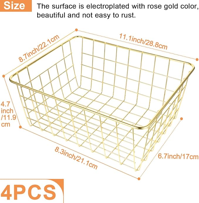 4 Pack Gold Wire Baskets for Organizing Office Wire Storage Basket Gold Metal Storage Baskets for Kitchen Cabinets, Bathroom, Countertop