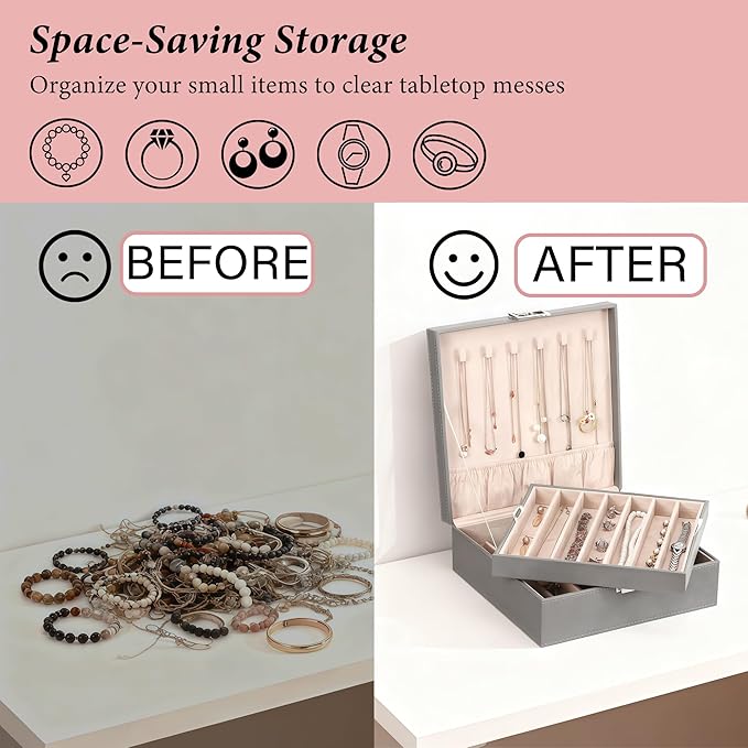 BEWISHOME 2-Layer Necklace Jewelry Box, Modern Style Necklace Storage, PU Leather Jewelry Box for Necklaces, Bracelet, Necklace Case for Women, Girls, Mom (Grey SSH31H)