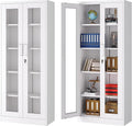 Metal Storage Cabinet with Lock and Glass Doors,Glass Display Cabinet,67" Tall White Storage Cabinets,Locking Curio Cabinets with 5 Shelves for Collectibles,Home,Office,Living Room