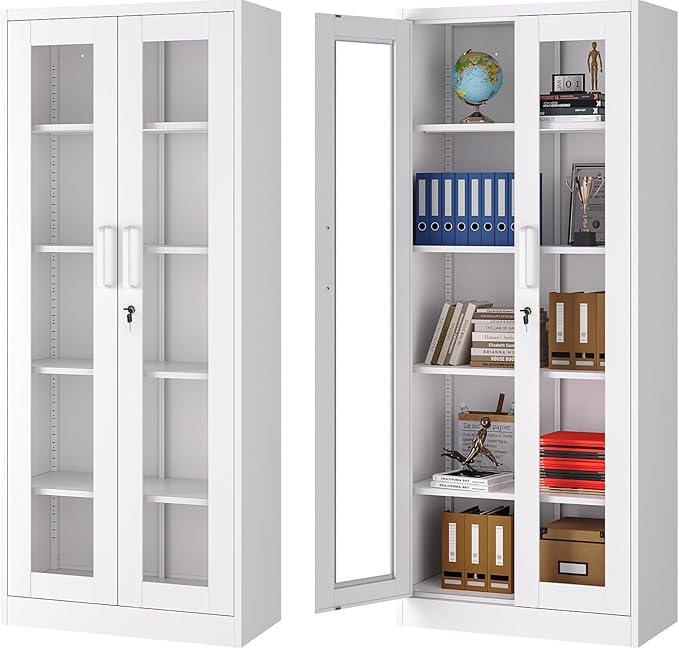 Metal Storage Cabinet with Lock and Glass Doors,Glass Display Cabinet,67" Tall White Storage Cabinets,Locking Curio Cabinets with 5 Shelves for Collectibles,Home,Office,Living Room