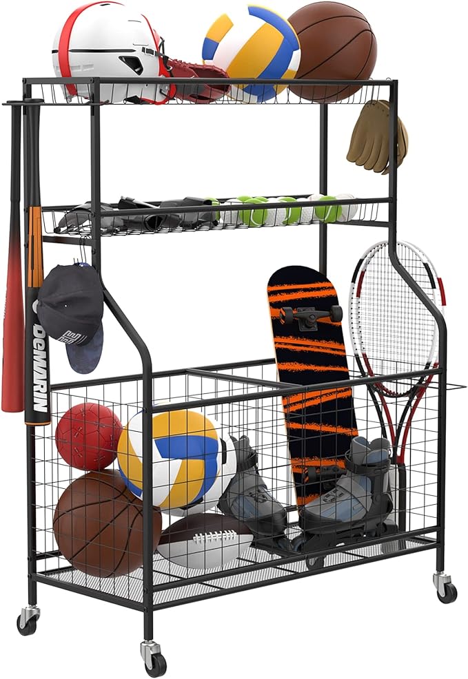 WALMANN Garage Ball and Sports Equipment Organizer, Ball Storage Rack Indoor/Outdoor Kids Ball/Toy Storage Organizer Bins, Rolling Ball Cart with Baskets
