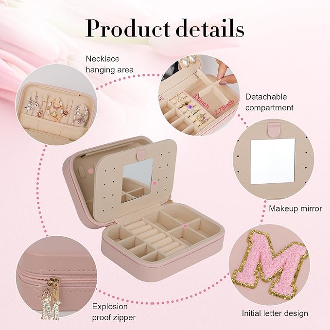 TopPerfekt Travel Jewelry Case, Jewelry Box with Mirror, Jewelry Organizer Bridal Shower Gifts to Her, Earring Storage Travel Case, Trendy Gift for Women and Girls, Girlfriend-Letter B, Pink