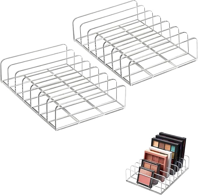 2-Pack Acrylic Makeup Palette Organizer, 7-Slot Eyeshadow Palette Storage, Clear Display Case for Vanity Drawer Countertop, Cosmetic Organizer for Makeup Brushes, Lipstick, Blush Kits