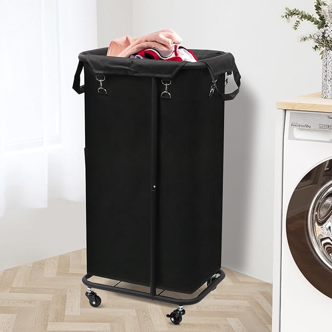 Longzhuo 47.55 Gal(180L) Rolling Laundry Basket With Wheels, Laundry Hamper With Wheels, Metal Wheeled Laundry Basket for Laundry, Hotel, Bedroom & Laundry Room Organization, Black
