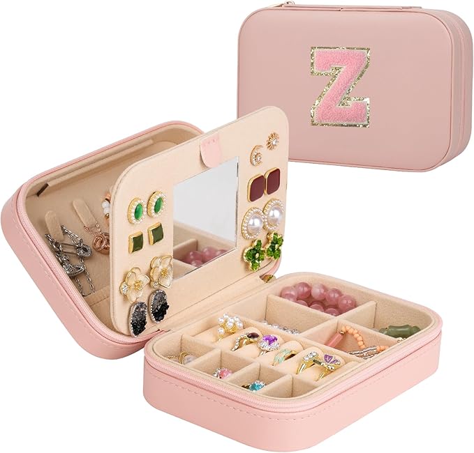 TopPerfekt Travel Jewelry Case Travel Jewelry Box With Mirror, Jewelry Organizer Bridal Shower Gifts To Her, Earring Travel Case, Trendy Gift for Women and Girls (Z, Pink)