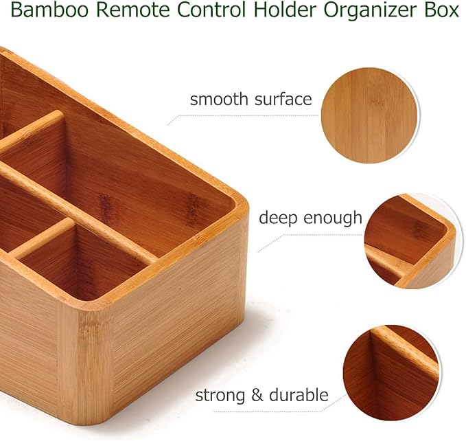 VolksRose Desk Remote Control Holder Multi-Function Coffee Table Office Supplies Storage Organizer, Home Sundries Bamboo Storage Box with 4 Compartments - Perfect for Makeup, TV Guide, iPad, Caddy #3