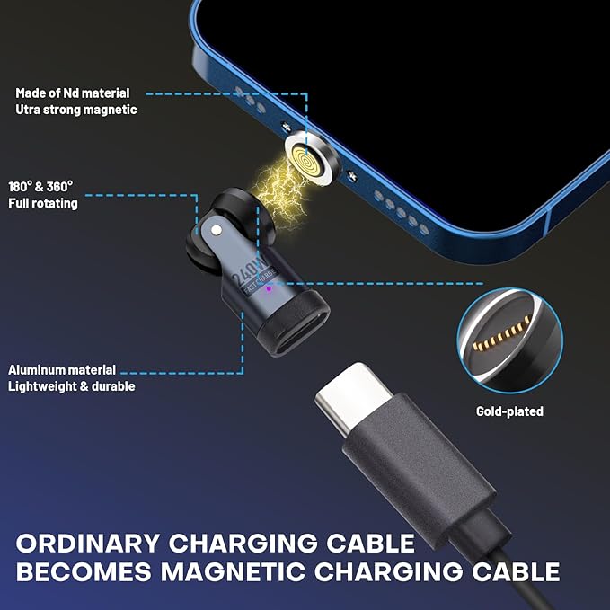 Magnetic USB C 90 Degree Adapter 240W, Can Be Type-C Cord Into Right Angle Magnetic USB C Charging Cable, Magnet Charger USBC Adapter 180&360 OTG Tips for Phone Pad Samsung(4 Pack Black)