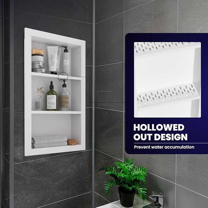 14" x 24" Stainless Steel Shower Niche, 3-Tier Waterproof Shelves, No-Tile Needed Bathroom Organizer, Rustproof Wall Shelf for Shampoo, Soap & Toiletries, White