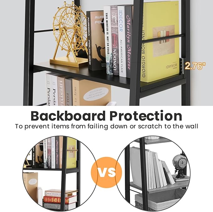 Himimi Black Ladder Bookshelf, 5 Shelf Bookcase Industrial Bookshelf Wood and Metal Bookshelves, Plant Flower Stand Rack Book Storage Shelves for Living Room, Bedroom, Home Office (2 PCS)