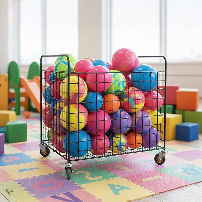 MyGift Professional Gym Metal Multi Sports Ball Storage Cart with Jumbo Industrial Wheels, Commercial Grade Portable Equipment Locker Cage for Basketball, Football, Soccer, Volleyball