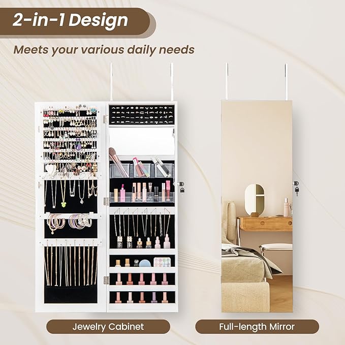 CHARMAID Jewelry Cabinet Wall or Door Mounted, Hanging Lockable Jewelry Armoire Storage with Full Length Mirror, Interior Makeup Mirror, Over the Door Jewelry Organizer Box with Mirror (White)