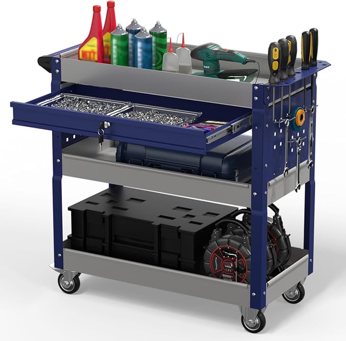 3 Tier Rolling Tool Cart on Wheels, 550 LBS Tool Cart with Drawers，Heavy Duty Utility Cart with Pegboard and Hooks，Mechanic Tool Storage Cart for Garage, Warehouse and Repair Shop(Gray-Blue)