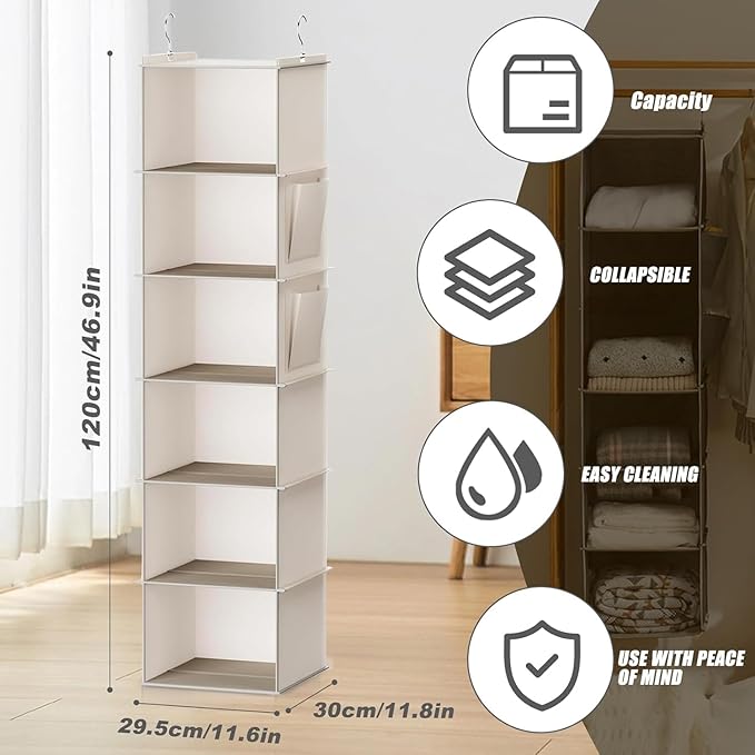 Hanging Closet Organizer 6-Shelf, Beige Storage Solution with Side Pockets for Clothes, Shoes, and Accessories, Closet Organizers and Storage, Send Goods from Local Warehouse