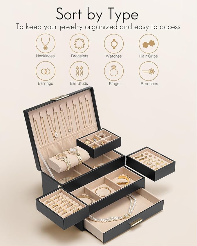 Vlando 3 Layer Jewelry Box - Women Jewelry Box with Retractable Tray - Jewelry Organizers with Drawer for Necklaces, Rings, Bracelets, Earrings, Gift for Couples Mom Girls - Black