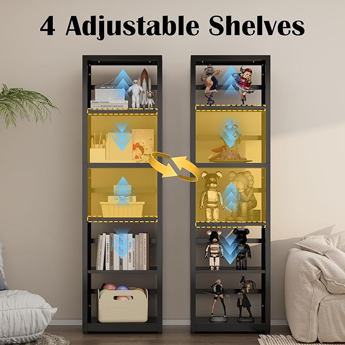 Narrow Bookshelf,5 Tier Bookcase,55" Black Metal Small Bookshelf with Adjustable Feet and Adjustable Shelves,Home Office Bookcase Shelf Storage Organizer for Living Room、Kitchen