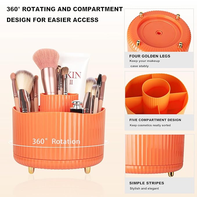 Anyoifax 360° Rotating Makeup Brush Holder Organizer, Make up Brushes Cup for Vanity, 5 Slot Spinning Makeup Organizers for Cosmetics, Lipstick, Pen, Orange