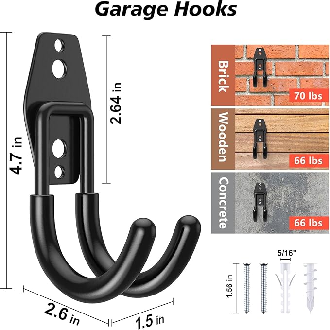 8 Pack 4.7x2.6 inch J Heavy Duty Garage Hooks,Solid Steel Wall Mount Hangers,with Anti-Slip Coating,for Hanging and Organising Ladder,Bike,Ropes,Broom,Garden,Yard and Power Tools