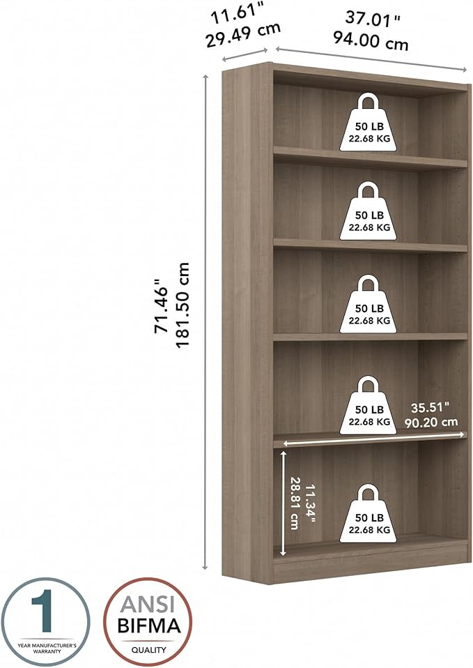 Bush Furniture Universal Tall 5 Shelf Bookcase in Ash Gray, Vertical Storage and Display Bookshelf for Home Office or Living Room Organization