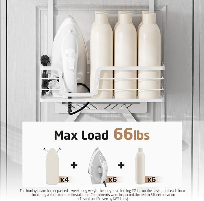 KES Over The Door Ironing Board Holder, Ironing Board Hanger Over Door Organizer with Storage Shelf Y and T Shaped Fits for 1 3/8 Doors White, HIR501A-WH
