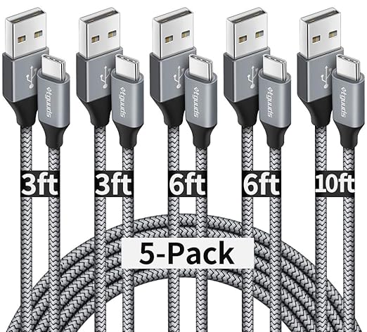 etguuds USB A to USB C Cable 5-Pack (3/3/6/6/10 ft), Fast Charging Type C Charger Cord for iPhone 17 16 15 Pro Max Plus Air, Samsung Galaxy S25 S24 S23 S22 S21 S20 A56 A17 A16, Pixel, Moto G, Gray