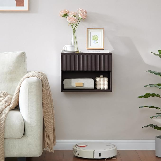 Floating Nightstand with Fluted Drawer - Modern Wall Mounted Bedside Table with Open Storage Shelf, Small Night Stand TV Stand for Bedroom(Espresso)