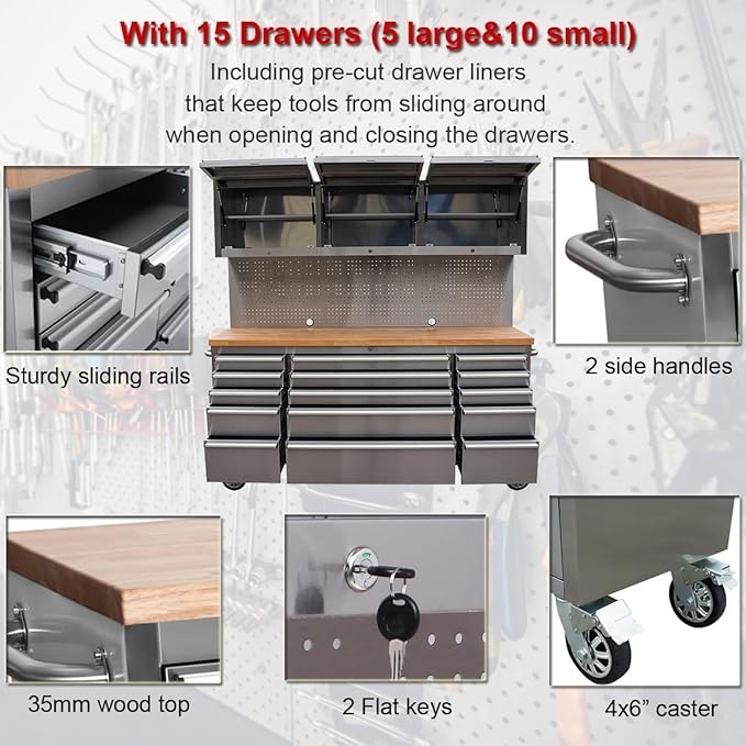 72-Inch Stainless Steel Rolling Tool Chest with 15 Drawers + 3 Upper Cabinets, Lockable Storage Cabinet, Mobile Workbench, Assembled Large Tool Box with Wheels for Garage Workshop (1 × HTC7218W1)