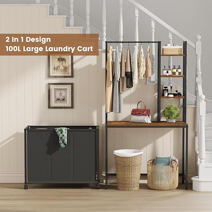 Laundry Hamper with 3 Section Rolling Bags and Shelf, 4 Tiers Tall Laundry Basket Sorter for Organization and Storage, Clothes Rack with Laundry Sorter for Laundry Room Bathroom Bedroom, Rustic Brown