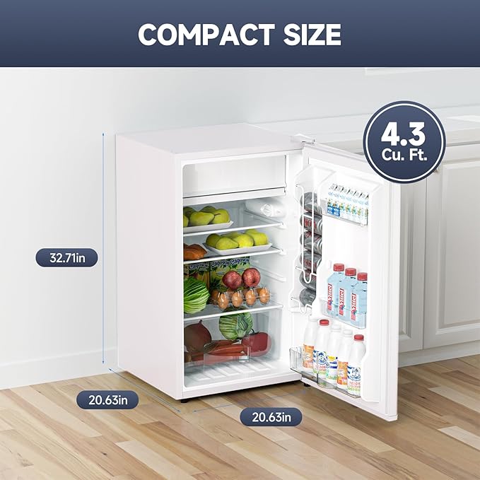 4.3 Cu.Ft Mini Fridge With Freezer, Single Door Mini Fridge w/7 Settings Temperature Adjustable, Mini Refrigerator for Apartment, Bedroom, Office, Dorm, Black (White)
