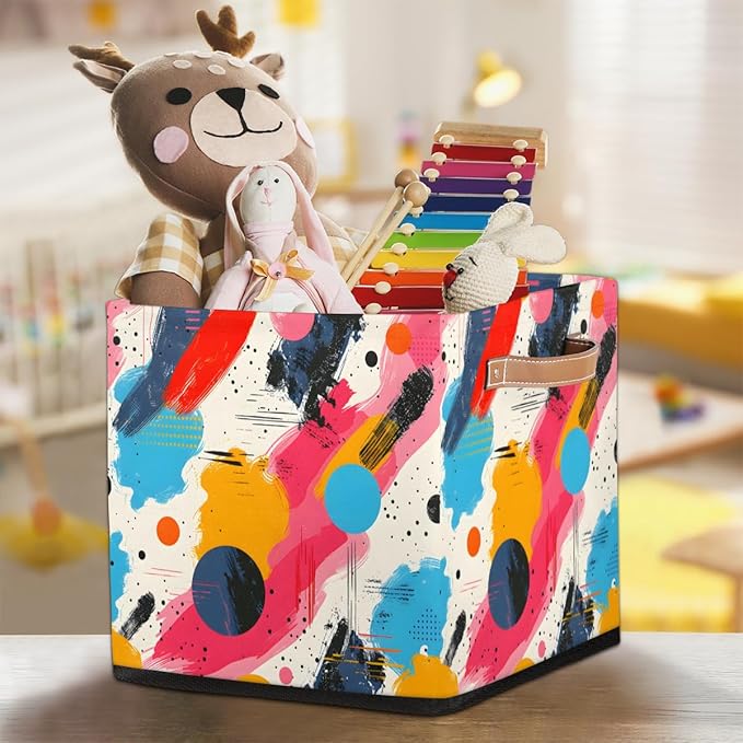 TropicalLife 13x13x13 Inch Large Fabric Storage Cube Abstract Art Painting Foldable Storage Bin with Handles Organizer Boxes Cube Basket for Shelves Organizing Closet