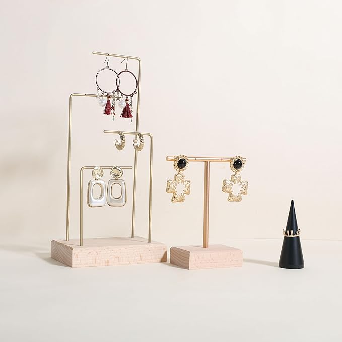 GemeShou earrings T display stands for selling, small earring holder jewelry stand with 4 holes on bar, wood earring hanger for boutique display【Beech】