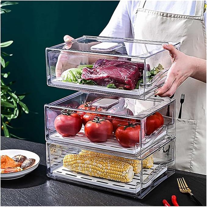 2X Refrigerator Organizer Bins With Pull Out Drawers Fridge Produce Drawer Set，Compatibility For Save Vertical Space-B09B