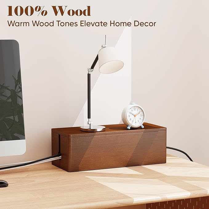 Delamu Cable Management Box Wooden with Magnetic Lid, Duty Desk Cord Organizer Power Strip Cover Box with Ventilation for Desk, Floor, Home Office, Baby Pets Safe Storage Solution