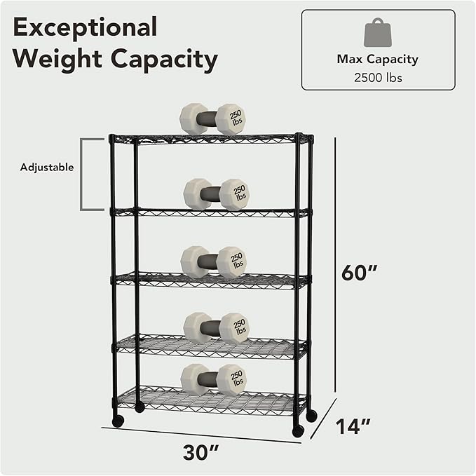 5 Tier Wire Shelving Unit Storage Rack, Metal Heavy Duty Utility Organizers, Organization Units for Products Plant Pantry, Garage, Laundry Racks Durable Shelf Stand,14"W x 30"L x 60"H, Black